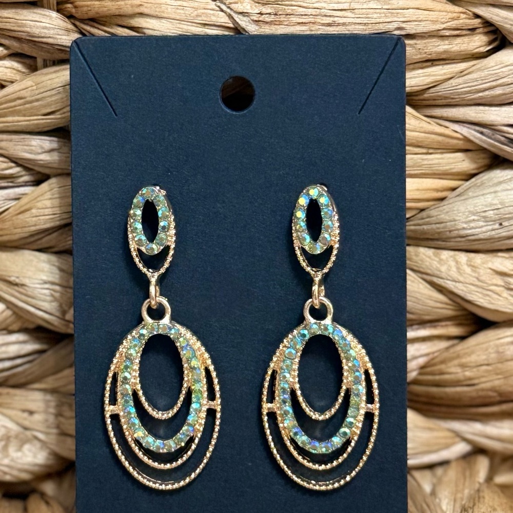 Gold and Iridescent Oval Drop Earrings